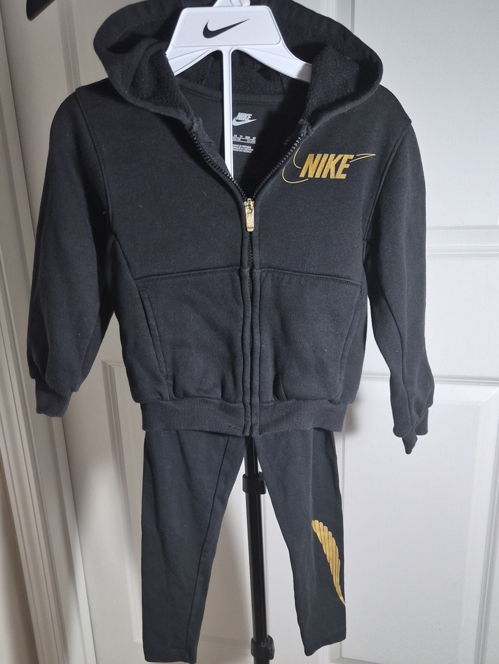 Nike Kids Black Hoodie & Black Leggings with Gold Swoosh